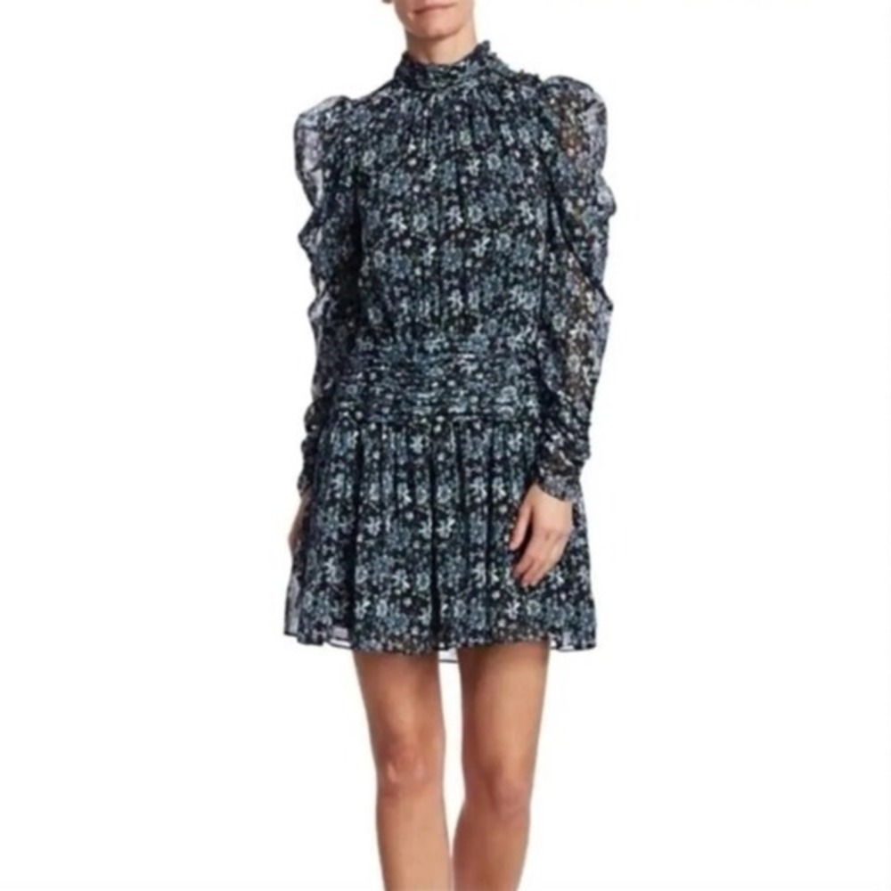 NWT Monique Ihuillier Blue Floral Chiffon Smocked‎ Mini Dress